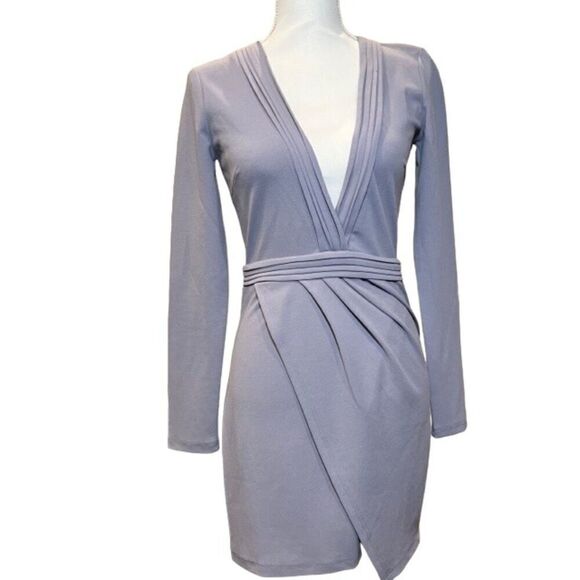 Tobi Ava Lilac Grey Bodycon Long Sleeved Split Hem Deep Plunge Dress Size Small - Picture 2 of 10